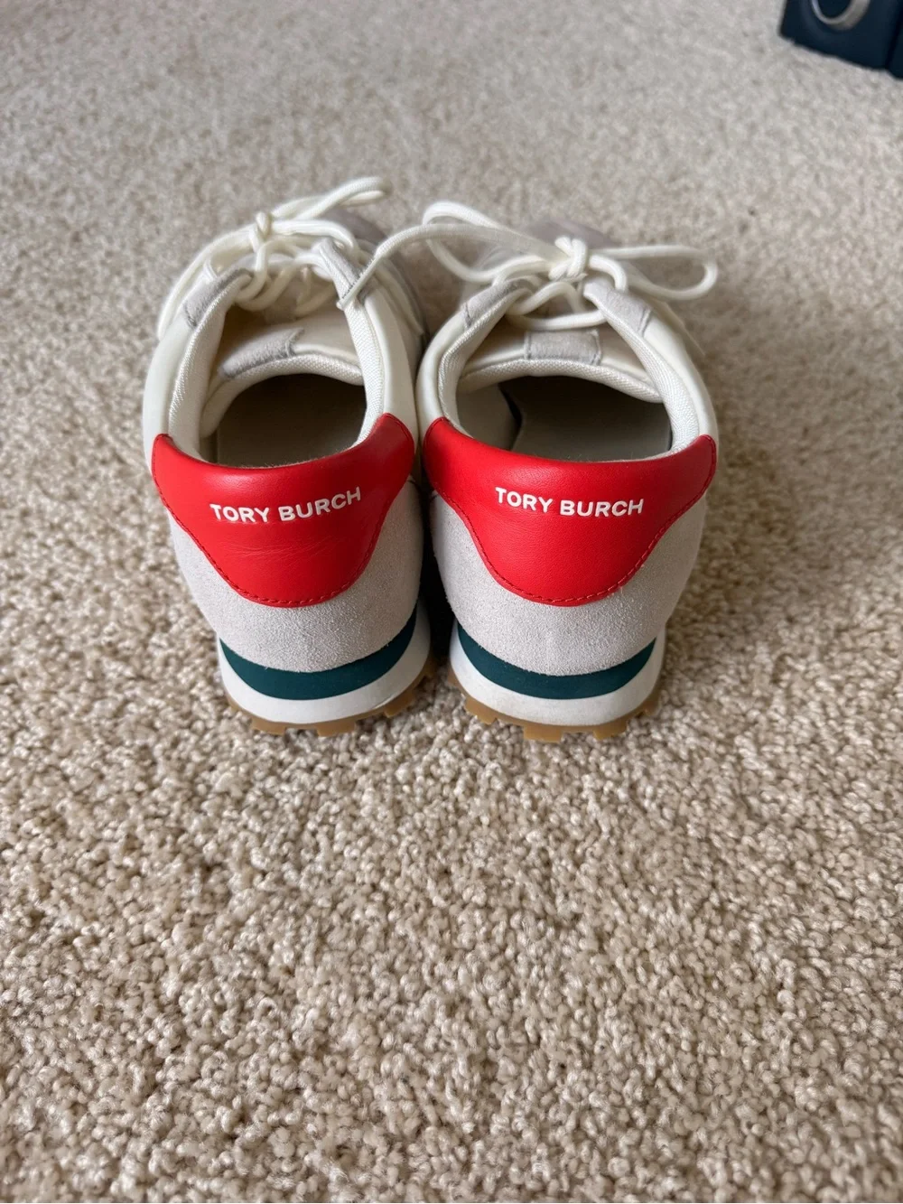 Neutral Suede & Leather Sneaker with Orange Heel and Forest Green Sole Accent